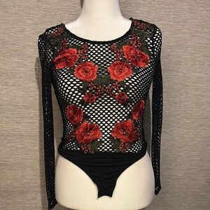 Elegant Floral Embroidered Mesh Bodysuit - Black and Red